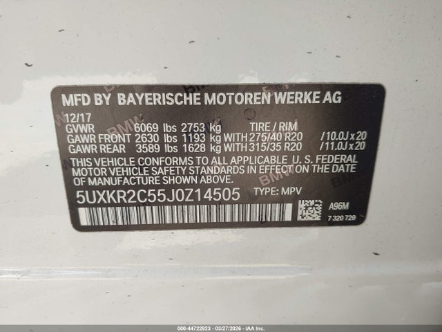 44722923 :رقم المزاد ، 5UXKR2C55J0Z14505 vin ، 2018 Bmw X5 Sdrive35i مزاد بيع