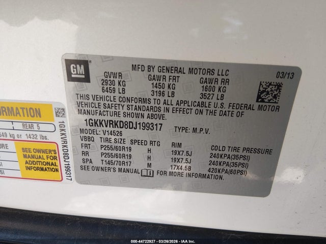 Aukcja sprzedaży 2013 Gmc Acadia Slt-1, vin: 1GKKVRKD8DJ199317, numer aukcji: 44722927