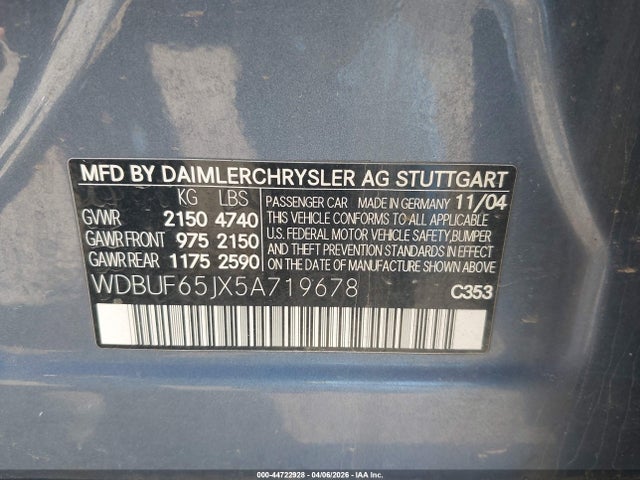 2005 Mercedes-benz E 320 მანქანა იყიდება აუქციონზე, vin: WDBUF65JX5A719678, აუქციონის ნომერი: 44722928