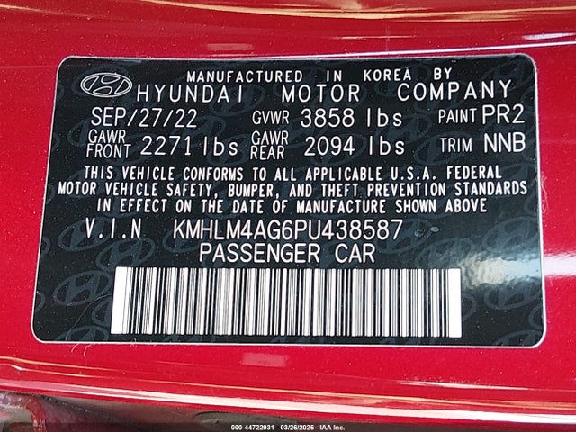 Продажа на аукционе авто 2023 Hyundai Elantra Sel, vin: KMHLM4AG6PU438587, номер лота: 44722931