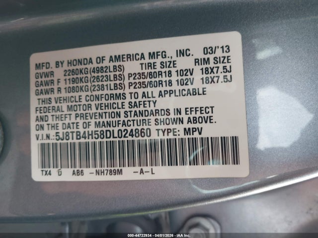 44722934 :رقم المزاد ، 5J8TB4H58DL024860 vin ، 2013 Acura Rdx مزاد بيع