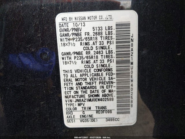 2014 Nissan Murano Sl მანქანა იყიდება აუქციონზე, vin: JN8AZ1MU0EW402588, აუქციონის ნომერი: 44722937