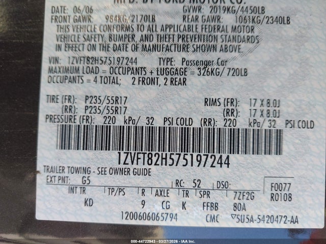 Продаж на аукціоні авто 2007 Ford Mustang, vin: 1ZVFT82H575197244, номер лоту: 44722943