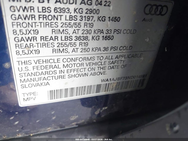Aukcja sprzedaży 2022 Audi Q7 Premium 45 Tfsi Quattro Tiptronic, vin: WA1AJBF73ND014891, numer aukcji: 44722946