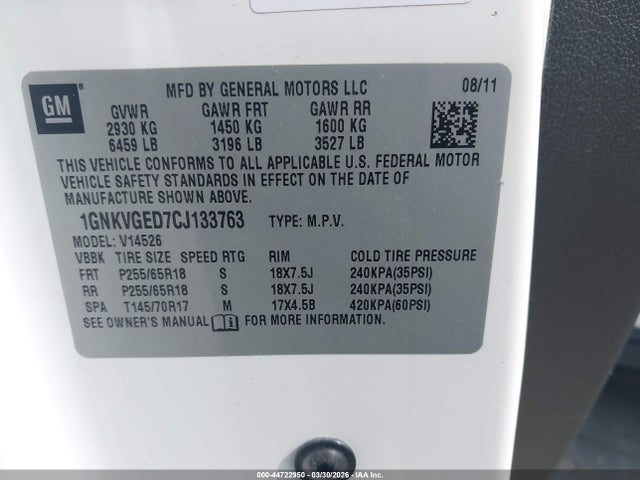 2012 CHEVROLET TRAVERSE 1GNKVGED7CJ133763 Photo 8