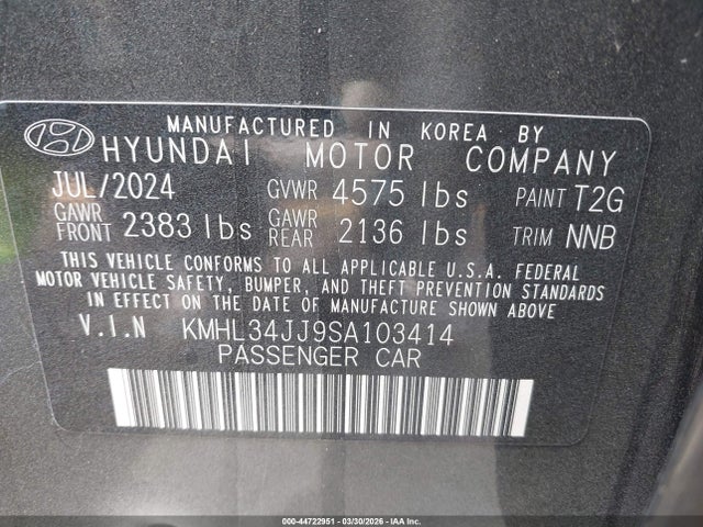 Aukcja sprzedaży 2025 Hyundai Sonata Hybrid Sel, vin: KMHL34JJ9SA103414, numer aukcji: 44722951