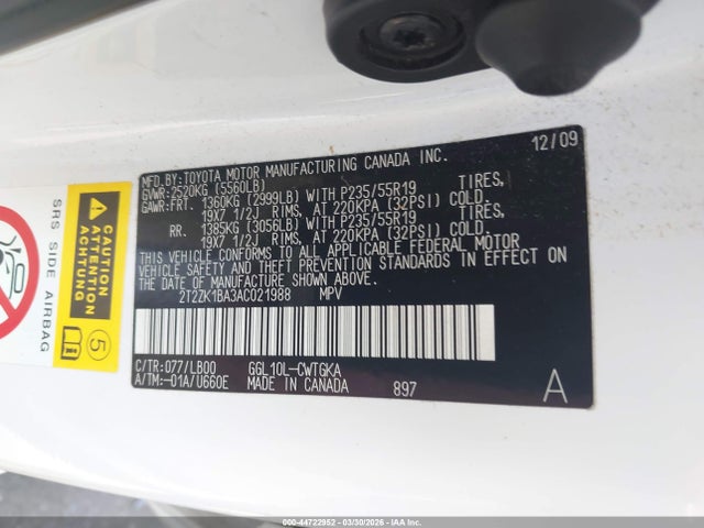 44722952 :رقم المزاد ، 2T2ZK1BA3AC021988 vin ، 2010 Lexus Rx 350 مزاد بيع