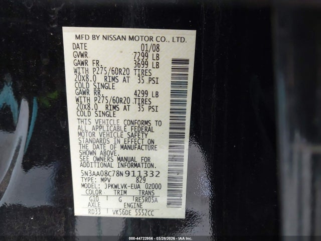 Aukcja sprzedaży 2008 Infiniti Qx56, vin: 5N3AA08C78N911332, numer aukcji: 44722956