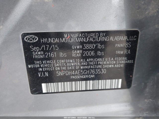 44722964 :رقم المزاد ، 5NPDH4AE5GH763530 vin ، 2016 Hyundai Elantra Se مزاد بيع