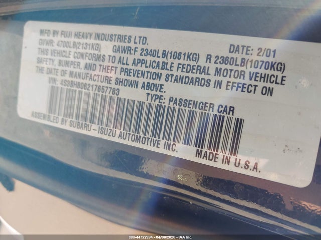 44722994 :رقم المزاد ، 4S3BH806217657783 vin ، 2001 Subaru Outback H6-3.0 مزاد بيع