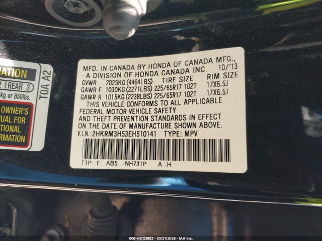 44723002 :رقم المزاد ، 2HKRM3H53EH510141 vin ، 2014 Honda Cr-v Ex مزاد بيع