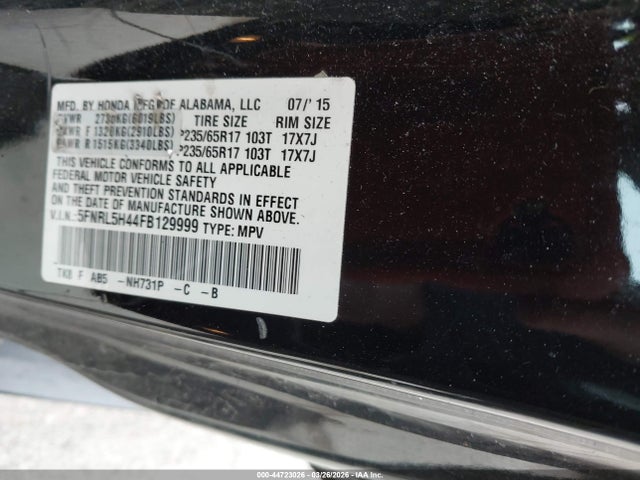 44723026 :رقم المزاد ، 5FNRL5H44FB129999 vin ، 2015 Honda Odyssey Ex مزاد بيع
