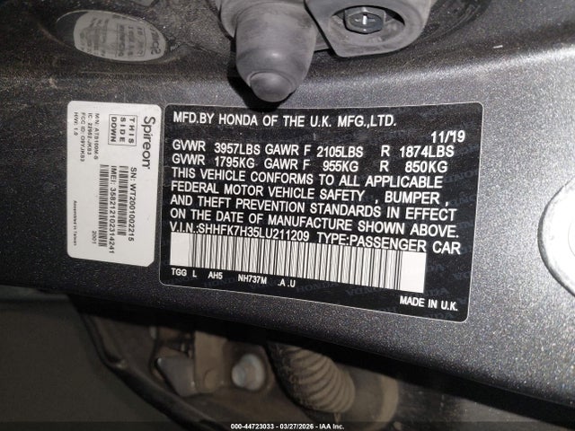 Aukcja sprzedaży 2020 Honda Civic Lx, vin: SHHFK7H35LU211209, numer aukcji: 44723033