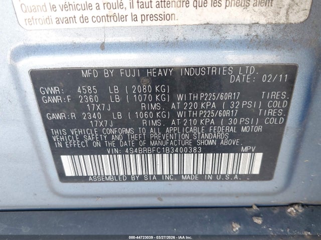Продаж на аукціоні авто 2011 Subaru Outback 2.5i Premium, vin: 4S4BRBFC1B3400383, номер лоту: 44723039