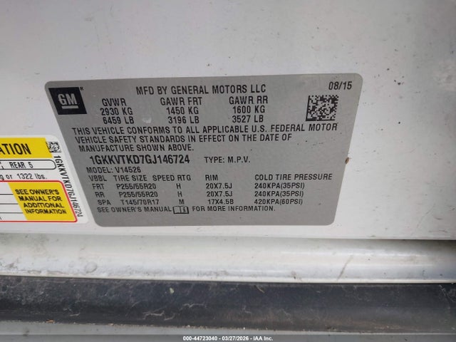 44723040 :رقم المزاد ، 1GKKVTKD7GJ146724 vin ، 2016 Gmc Acadia Denali مزاد بيع