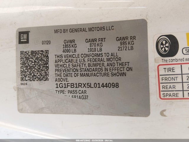 Продажа на аукционе авто 2020 Chevrolet Camaro Rwd  1lt, vin: 1G1FB1RX5L0144098, номер лота: 44723042