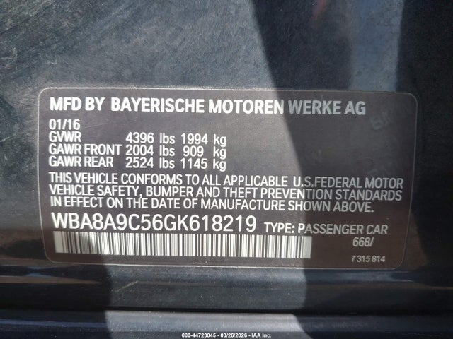 Продажа на аукционе авто 2016 Bmw 320i, vin: WBA8A9C56GK618219, номер лота: 44723045