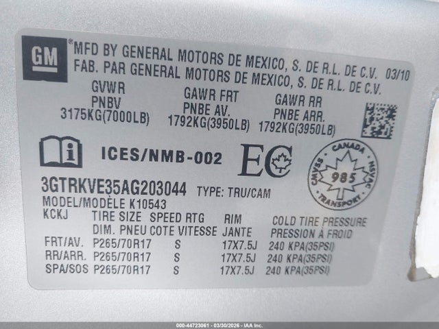 Aukcja sprzedaży 2010 Gmc Sierra 1500 Sle, vin: 3GTRKVE35AG203044, numer aukcji: 44723061