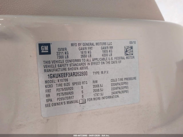 2010 Gmc Yukon Denali მანქანა იყიდება აუქციონზე, vin: 1GKUKEEF3AR262800, აუქციონის ნომერი: 44723065