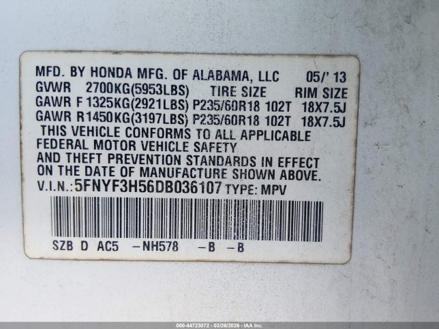 2013 HONDA PILOT 5FNYF3H56DB036107 Photo 8