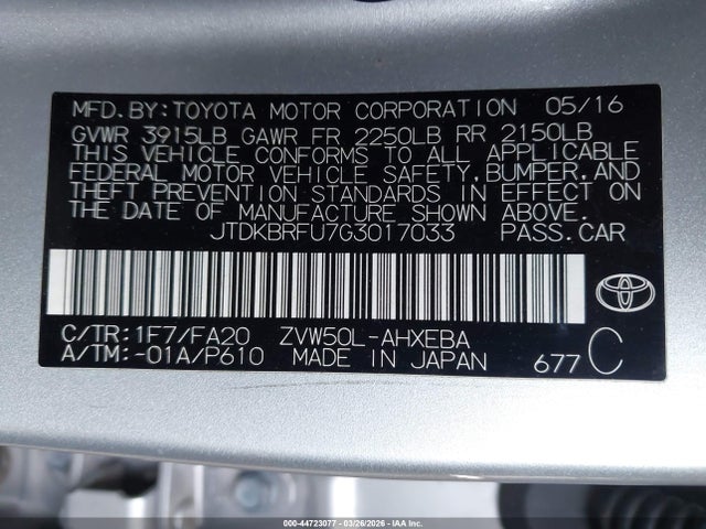 JTDKBRFU7G3017033 Toyota Prius Two
