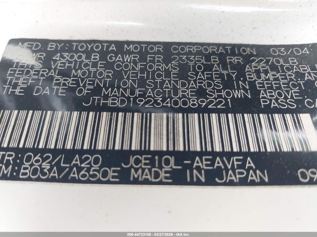 Aukcja sprzedaży 2004 Lexus Is 300, vin: JTHBD192340089221, numer aukcji: 44723108
