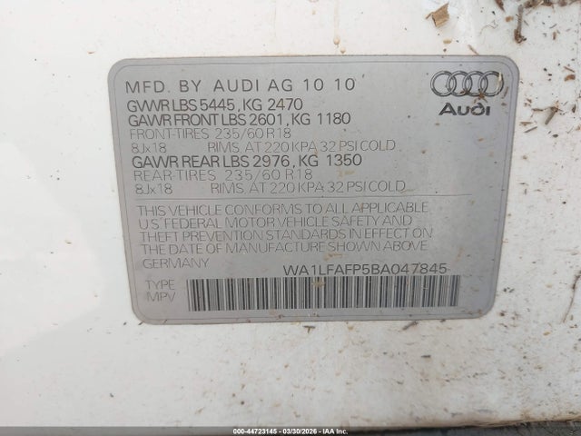 Продажа на аукционе авто 2011 Audi Q5 2.0t Premium, vin: WA1LFAFP5BA047845, номер лота: 44723145