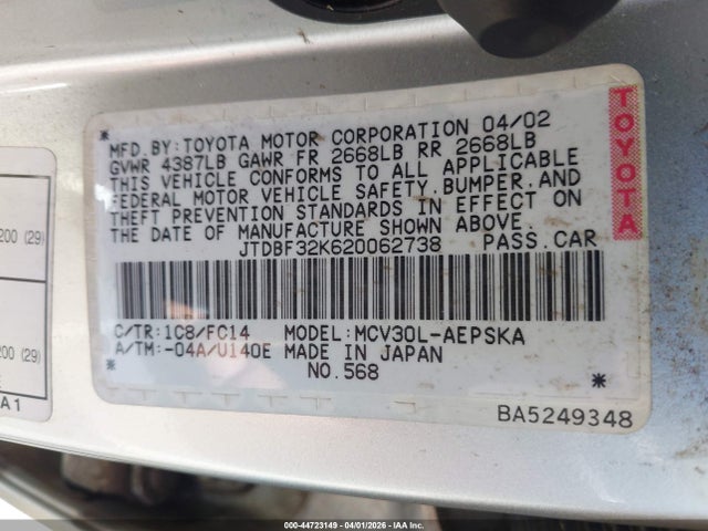 Aukcja sprzedaży 2002 Toyota Camry, vin: JTDBF32K620062738, numer aukcji: 44723149