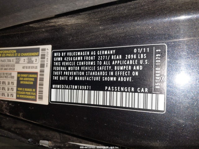 44723153 :رقم المزاد ، WVWED7AJ7BW189871 vin ، 2011 Volkswagen Gti 2-door Autobahn مزاد بيع