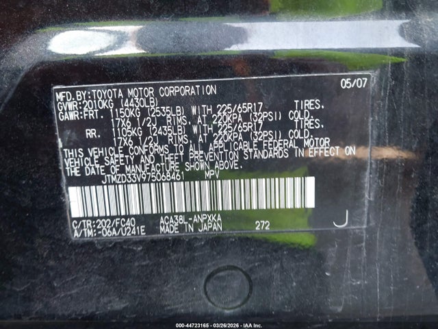 Aukcja sprzedaży 2007 Toyota Rav4, vin: JTMZD33V975068461, numer aukcji: 44723165