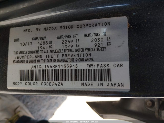 2014 Mazda Mazda6 I Touring მანქანა იყიდება აუქციონზე, vin: JM1GJ1V68E1155945, აუქციონის ნომერი: 44723170