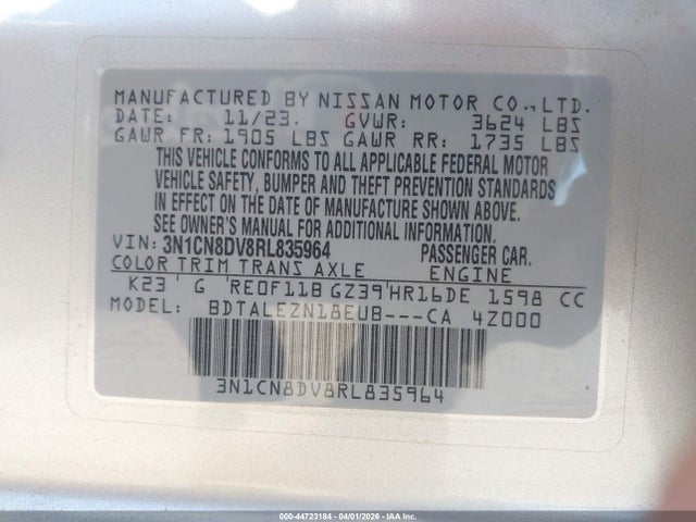 Продажа на аукционе авто 2024 Nissan Versa 1.6 S, vin: 3N1CN8DV8RL835964, номер лота: 44723184