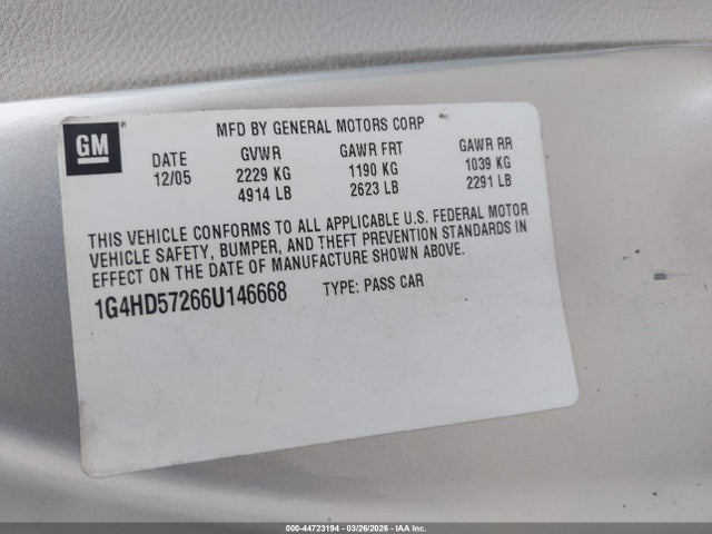 44723194 :رقم المزاد ، 1G4HD57266U146668 vin ، 2006 Buick Lucerne Cxl مزاد بيع