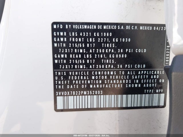 Продажа на аукционе авто 2023 Volkswagen Taos 1.5t S, vin: 3VVDX7B22PM352803, номер лота: 44723196