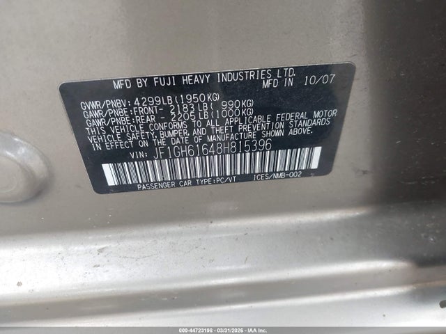Продаж на аукціоні авто 2008 Subaru Impreza 2.5i, vin: JF1GH61648H815396, номер лоту: 44723198