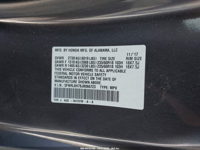 5FNRL6H78JB066723 Honda Odyssey Ex-l