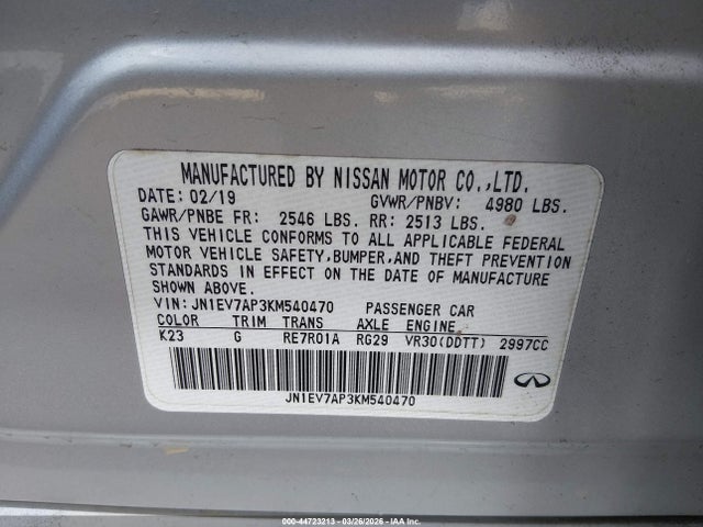 Продажа на аукционе авто 2019 Infiniti Q50 3.0t Sport, vin: JN1EV7AP3KM540470, номер лота: 44723213