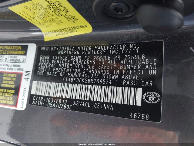 Продаж на аукціоні авто 2011 Toyota Camry Le, vin: 4T4BF3EK2BR208574, номер лоту: 44723230