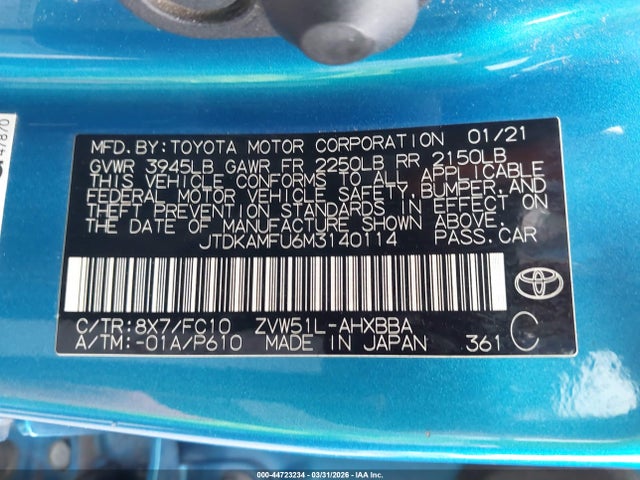 Aukcja sprzedaży 2021 Toyota Prius L Eco, vin: JTDKAMFU6M3140114, numer aukcji: 44723234