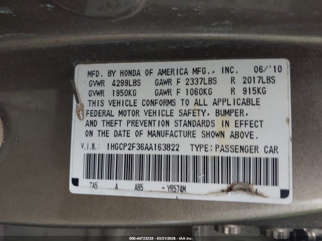 Aukcja sprzedaży 2010 Honda Accord 2.4 Lx, vin: 1HGCP2F36AA163822, numer aukcji: 44723238