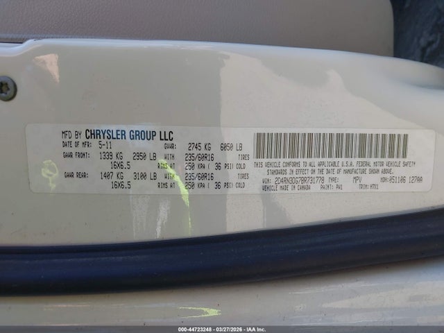 44723248 :رقم المزاد ، 2D4RN3DG7BR731778 vin ، 2011 Dodge Grand Caravan Mainstreet مزاد بيع
