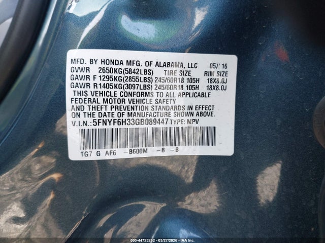 5FNYF6H33GB089447 Honda Pilot Ex