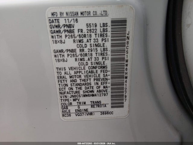 Продажа на аукционе авто 2017 Infiniti Qx70, vin: JN8CS1MW6HM412797, номер лота: 44723263