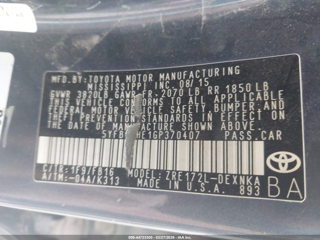 44723300 :رقم المزاد ، 5YFBURHE1GP370407 vin ، 2016 Toyota Corolla Le Plus مزاد بيع