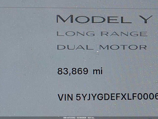 Aukcja sprzedaży 2020 Tesla Model Y Long Range Dual Motor All-wheel Drive/performance Dual Motor All-wheel Drive, vin: 5YJYGDEFXLF000628, numer aukcji: 44723302