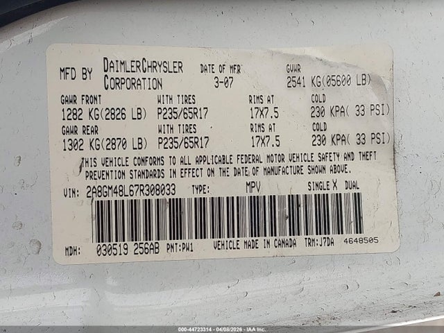 Aukcja sprzedaży 2007 Chrysler Pacifica, vin: 2A8GM48L67R308033, numer aukcji: 44723314