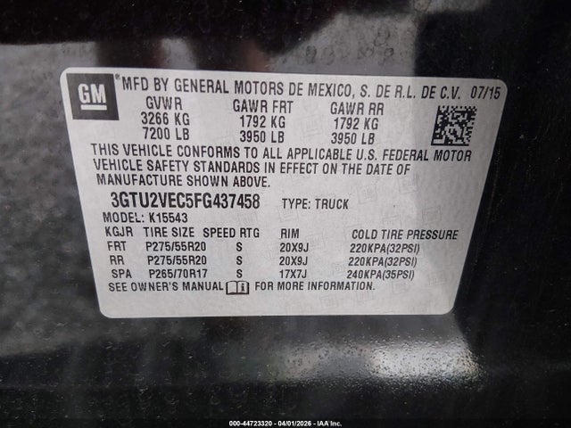 Aukcja sprzedaży 2015 Gmc Sierra 1500 Slt, vin: 3GTU2VEC5FG437458, numer aukcji: 44723320