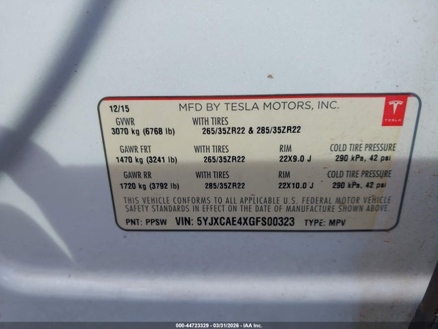 2016 Tesla Model X მანქანა იყიდება აუქციონზე, vin: 5YJXCAE4XGFS00323, აუქციონის ნომერი: 44723329