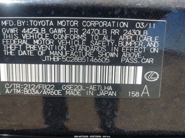 2011 Lexus Is 250 მანქანა იყიდება აუქციონზე, vin: JTHBF5C28B5146605, აუქციონის ნომერი: 44723330