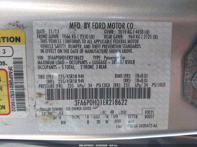 44723337 :رقم المزاد ، 3FA6P0HD1ER218622 vin ، 2014 Ford Fusion Se مزاد بيع